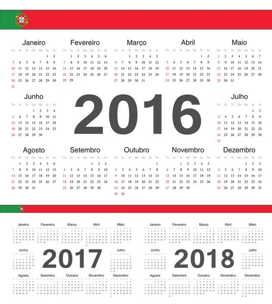 Vetor Português círculo calendários 2016, 2017, 2018 — Vetor de Stock