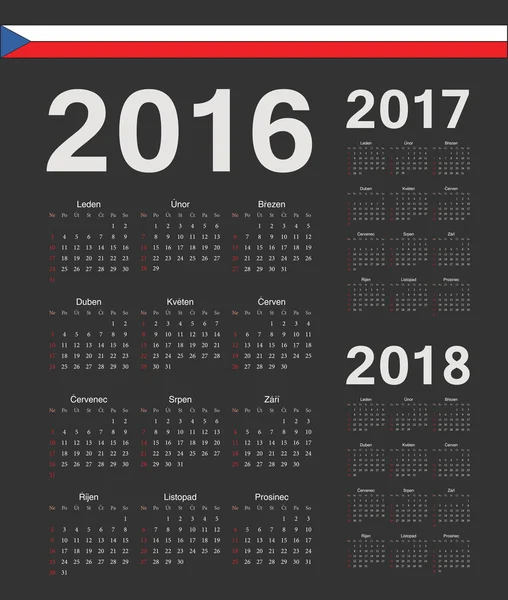 Zestaw czarny Czeska 2016, 2017, 2018 roku wektor kalendarze — Wektor stockowy