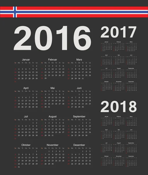 Set de calendario vectorial negro noruego 2016, 2017, 2018 años — Vector de stock