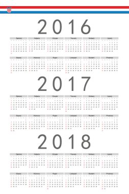 Hırvat 2016, dikdörtgenin 2017, 2018 yıl vektör takvimleri ayarla