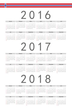 Norveççe 2016, dikdörtgenin 2017, 2018 yıl vektör takvimi ayarla