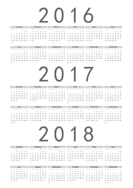 Meg a téglalap európai 2016, 2017, 2018 vektor naptárak — Stock Vector