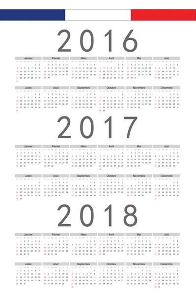 Set of rectangle French 2016, 2017, 2018 year vector calendars — Stock Vector