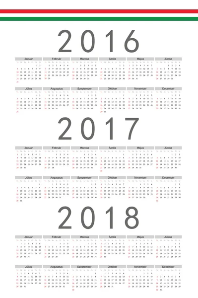 Set of rectangle Hungarian 2016, 2017, 2018 year vector calendar — Stock Vector