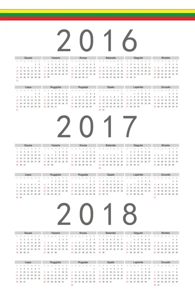 Set of rectangle Lithuanian 2016, 2017, 2018 year vector calenda — Stock Vector