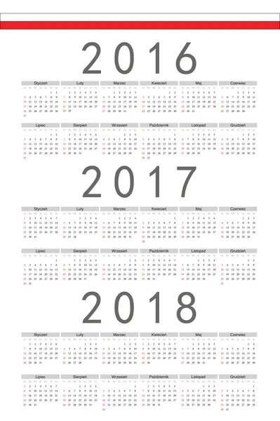 Set di calendari vettoriali anno rettangolo polacco 2016, 2017, 2018 — Vettoriale Stock