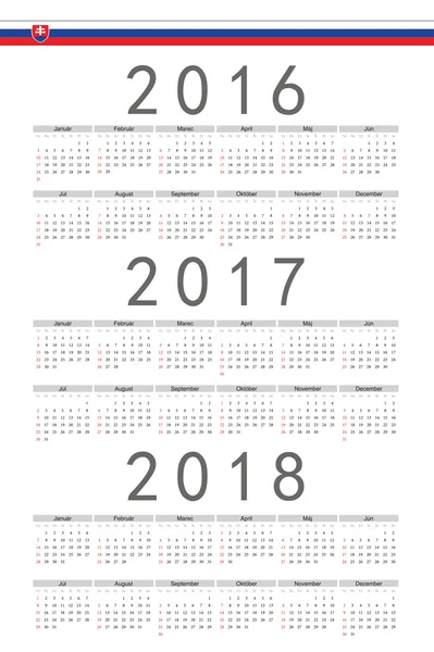 Set van rechthoek Slowaakse 2016, 2017, 2018 jaar vector kalenders — Stockvector