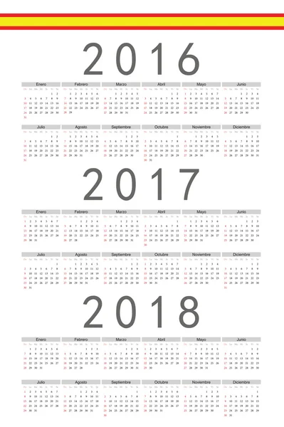 Set of rectangle Spanish 2016, 2017, 2018 year vector calendars — Stock Vector