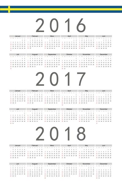 Conjunto de rectángulo sueco 2016, 2017, 2018 calendarios vectoriales año — Archivo Imágenes Vectoriales