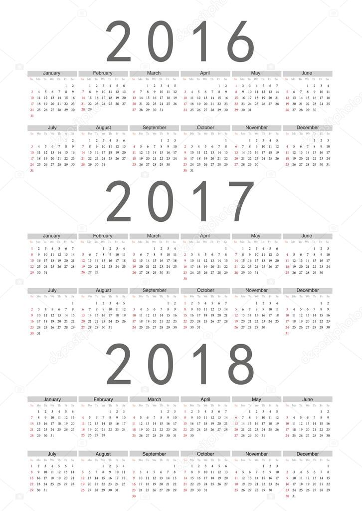Set of rectangle European 2016, 2017, 2018 year vector calendars