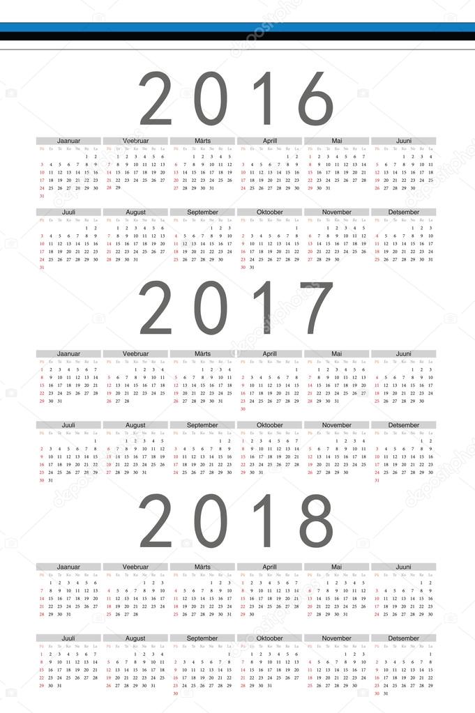 Set of rectangle Estonian 2016, 2017, 2018 year vector calendars