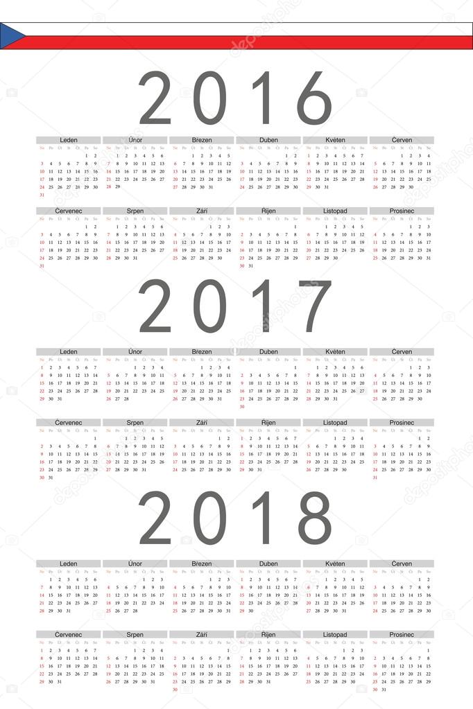 Set of rectangle Czech 2016, 2017, 2018 year vector calendars