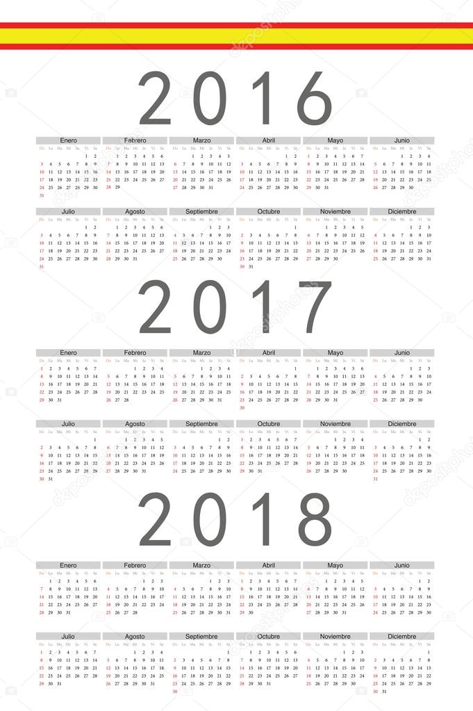 Set of rectangle Spanish 2016, 2017, 2018 year vector calendars