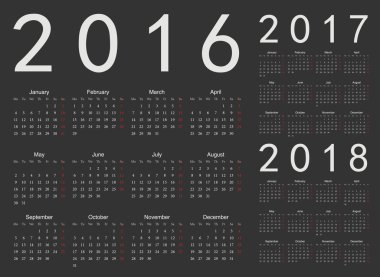 Siyah Avrupa 2016, 2017, 2018 yıl vektör takvimler kümesi
