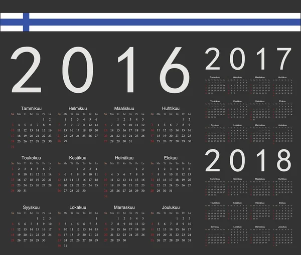 Set de calendarios vectoriales negros finlandeses 2016, 2017, 2018 — Vector de stock