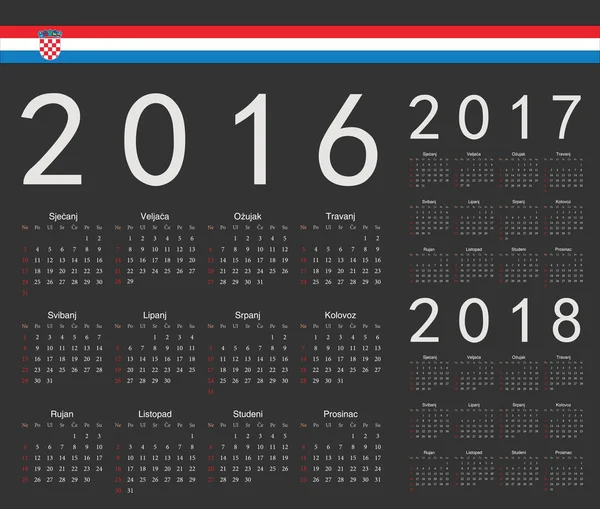 Conjunto de calendários vetoriais preto croata 2016, 2017, 2018 ano — Vetor de Stock