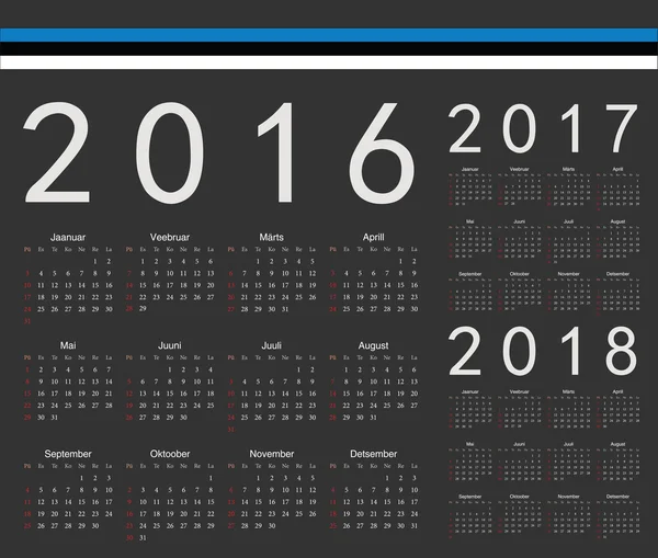 Set of black Estonian 2016, 2017, 2018 year vector calendars — Stock Vector