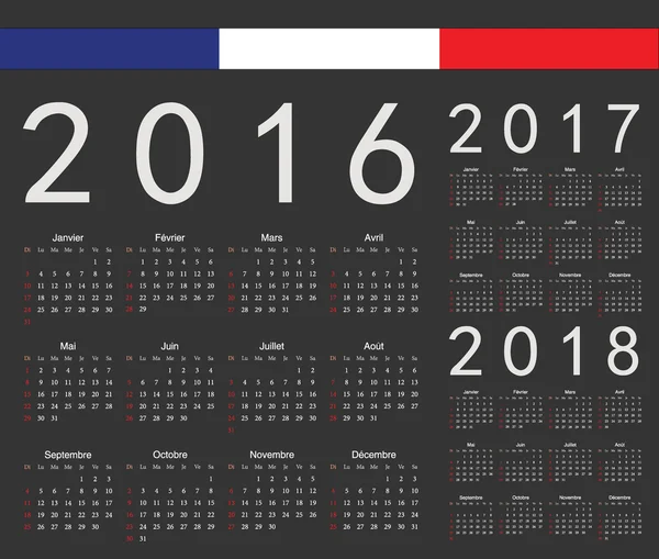 Set de calendarios vectoriales negros franceses 2016, 2017, 2018 años — Vector de stock