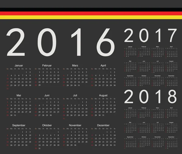 Schwarze deutsche Jahresvektorkalender 2016, 2017, 2018 — Stockvektor