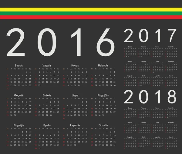 Set de calendarios vectoriales negros lituanos 2016, 2017, 2018 años — Vector de stock