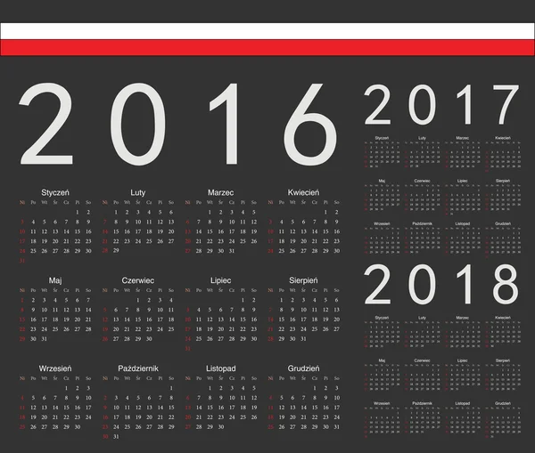Sada černých polské 2016, 2017, 2018 rok vektor kalendáře — Stockový vektor