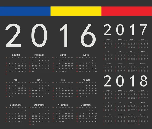 Set de calendario vectorial negro rumano 2016, 2017, 2018 años — Vector de stock