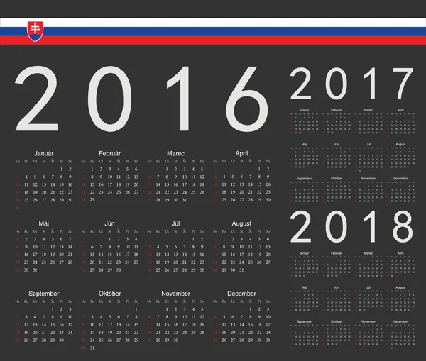 Schwarze slowakische Jahresvektorkalender 2016, 2017, 2018 — Stockvektor