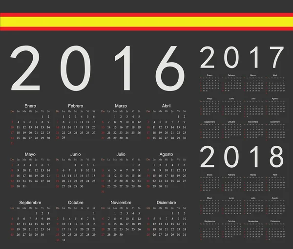 Schwarzer spanischer Jahresvektorkalender 2016, 2017, 2018 — Stockvektor