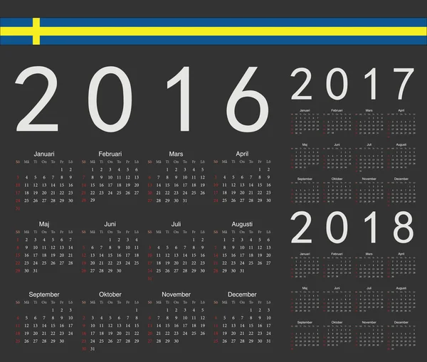 Ensemble de calendriers vectoriels suédois 2016, 2017, 2018 année — Image vectorielle