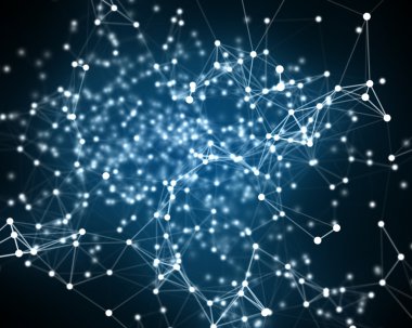 Mavi sibernetik parçacıkları ile dijital arka plan