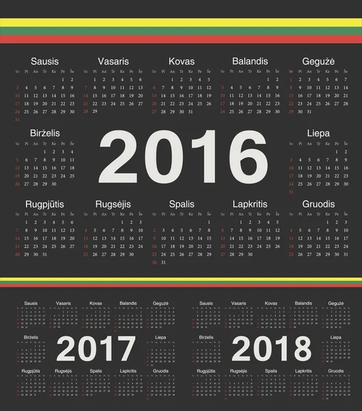 Вектор Литовська чорний коло календарі 2016 року 2017, 2018 — стоковий вектор