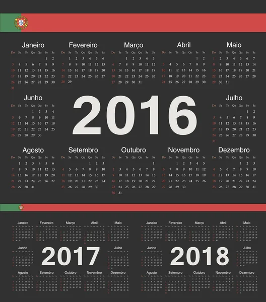 Calendario vectorial círculo negro portugués 2016, 2017, 2018 — Vector de stock