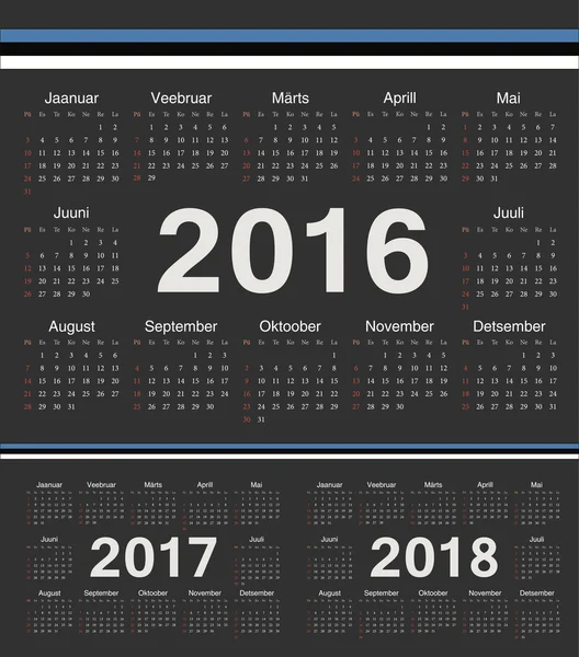 Calendrier vectoriel cercle noir estonien 2016, 2017, 2018 — Image vectorielle