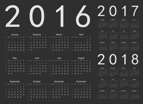 Aantal zwarte Europese 2016, 2017, 2018 jaar vector kalenders — Stockvector
