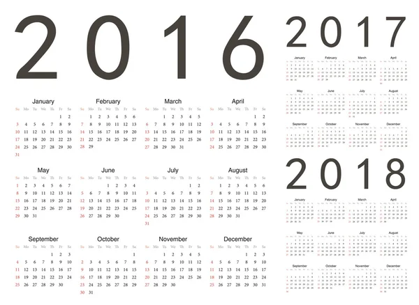 Set of European 2016, 2017, 2018 year vector calendars — Stock Vector
