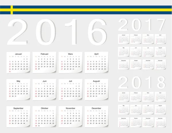 Ensemble de calendriers vectoriels suédois 2016, 2017, 2018 — Image vectorielle