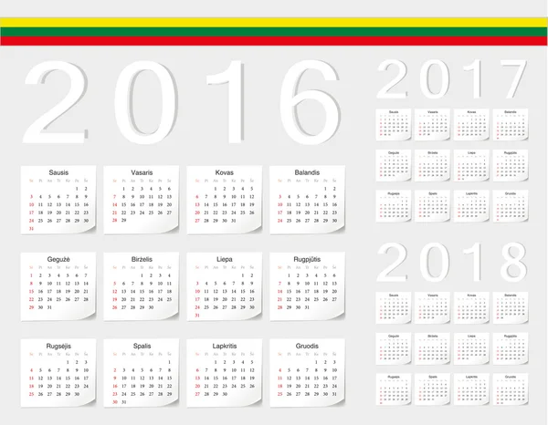 Set de calendarios vectoriales de Lituania 2016, 2017, 2018 — Archivo Imágenes Vectoriales