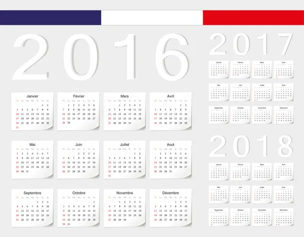 Set di calendari vettoriali francesi 2016, 2017, 2018 — Vettoriale Stock