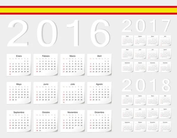 Conjunto de calendarios vectoriales españoles 2016, 2017, 2018 — Archivo Imágenes Vectoriales