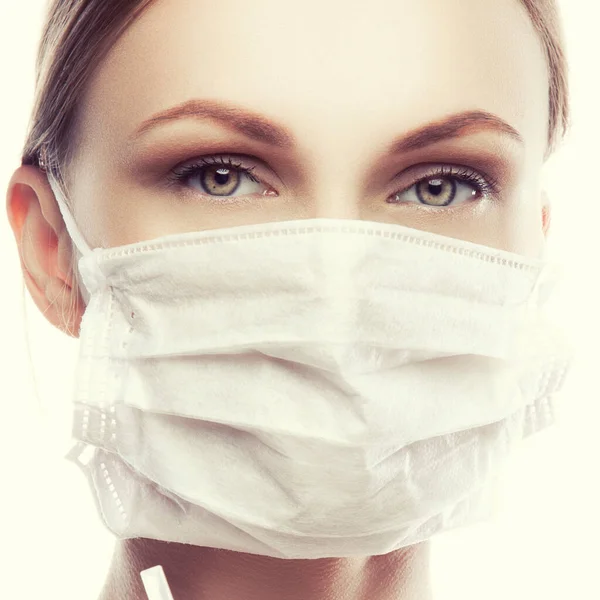 Beauty Woman Face Wearing Medical Mask — Stock Photo, Image