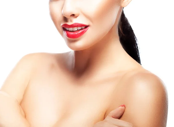 Lips Neck Shoulders Gorgeous Young Brunette Woman Face Clear Skin —  Fotos de Stock
