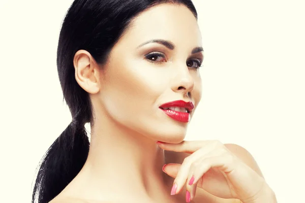 Portrait Beautiful Woman Red Lips Perfect Fresh Clean Skin Touching — Stock Photo, Image