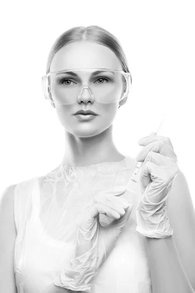 Woman Doctor Dentist Nurse Wearing Medical Gloves Glasses White Background — Stok Foto