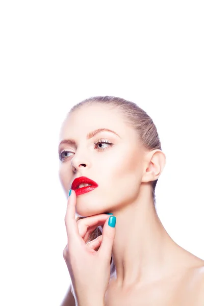 Skönhet Ansikte Ung Modell Kvinna Med Ljusa Make Perfekt Ren — Stockfoto