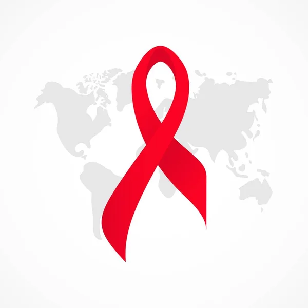 Haritanın arka planında gerçekçi kırmızı kurdelenin sembolü. Dünya AIDS Günü. 1 Aralık. Sağlık hizmetleri kavramı.