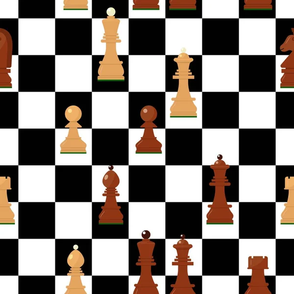 Απρόσκοπτη μοτίβο με σκακιστικές ξύλινες φιγούρες. Καφέ και λευκά κομμάτια σε σκακιέρα. Διάνυσμα — Διανυσματικό Αρχείο