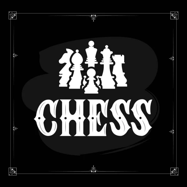 Σκάκι λογότυπο με την απεικόνιση των στοιχείων σε μαύρο chalkboard φόντο, σημείο. με διακοσμητικό πλαίσιο. Παιχνίδι άθλημα. Διάνυσμα. — Διανυσματικό Αρχείο
