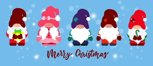 Şeker kamışlı şirin noel cüceleri seti, hediye kutusu. Mavi arkaplanda kar taneleri var. Düz çizim. Vektör.
