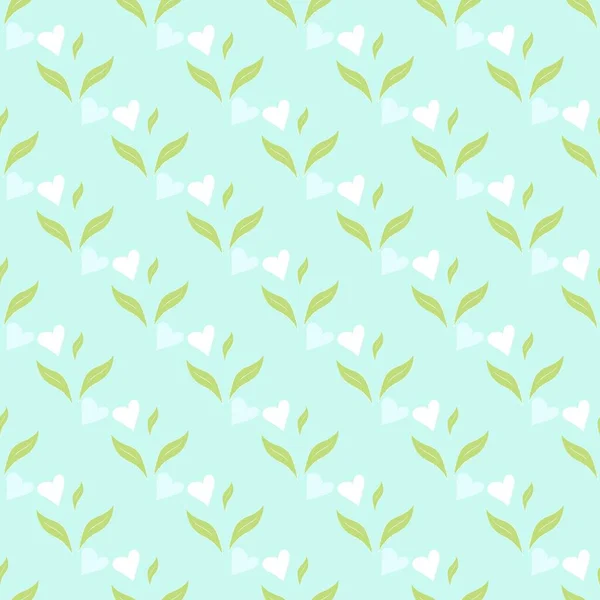 Naadloos patroon met groene bladeren en hart. Natuurconcept. Achtergrond voor uw ontwerp wallpapers, webpagina — Stockvector