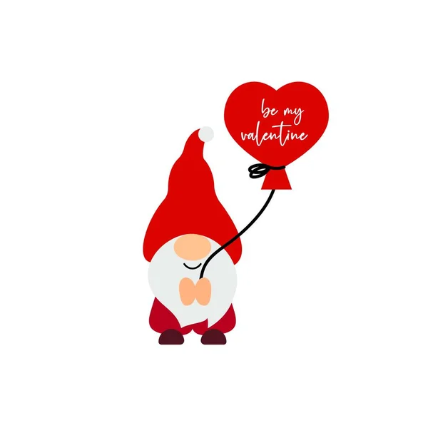 Cute Valentine s Day gnome with balloon shape of heart. Vector illustration. Be my valentine script. Funny quote. — Stock Vector